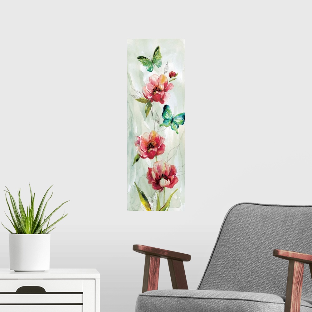 A modern room featuring Large panel painting of dark pink flowers and red and green butterflies on a muted blue and green...