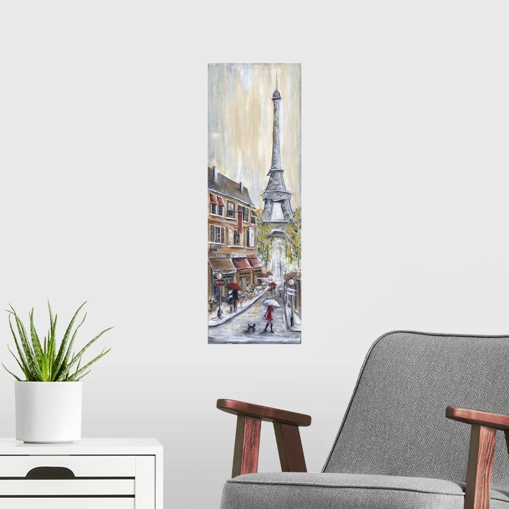 A modern room featuring A contemporary painting of a  rainy street scene in Paris, the Eiffel Tower in the background, an...