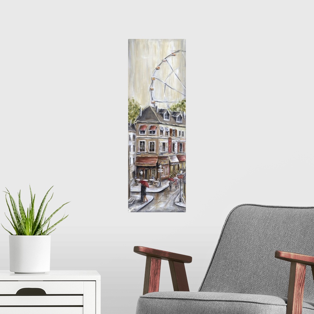 A modern room featuring A contemporary painting of a rainy street scene in Paris, the Ferris wheel in the background and ...