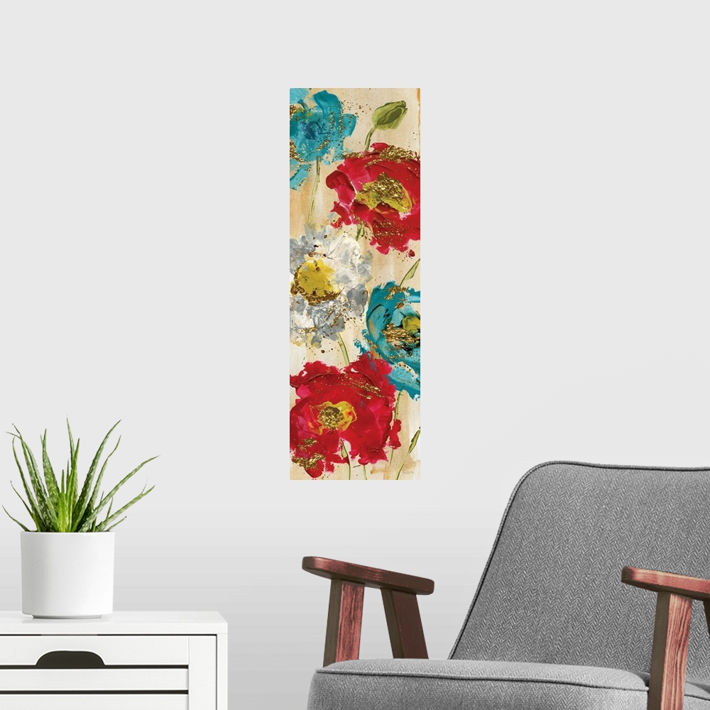 A modern room featuring Tall contemporary painting of red, white, and blue poppy flowers on a faint gold background with ...