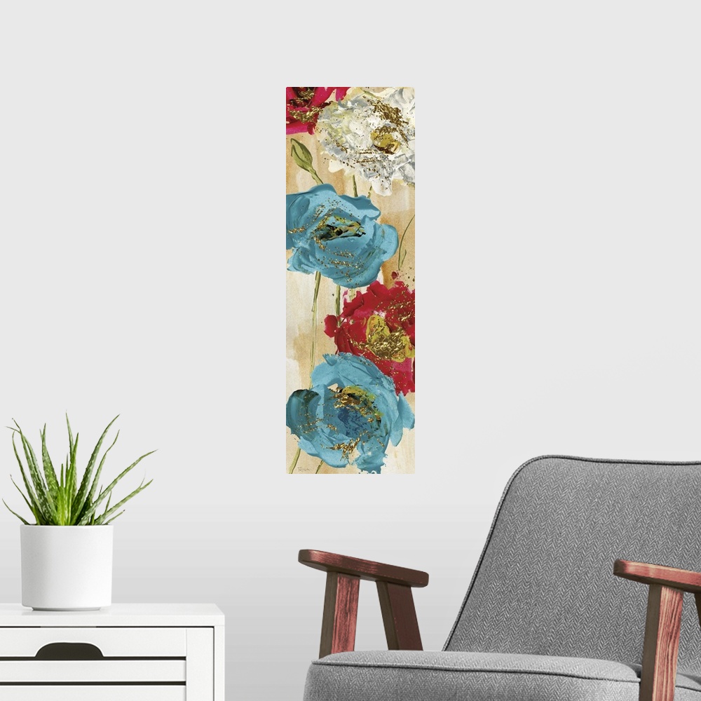 A modern room featuring Tall contemporary painting of red, white, and blue poppy flowers on a faint gold background with ...