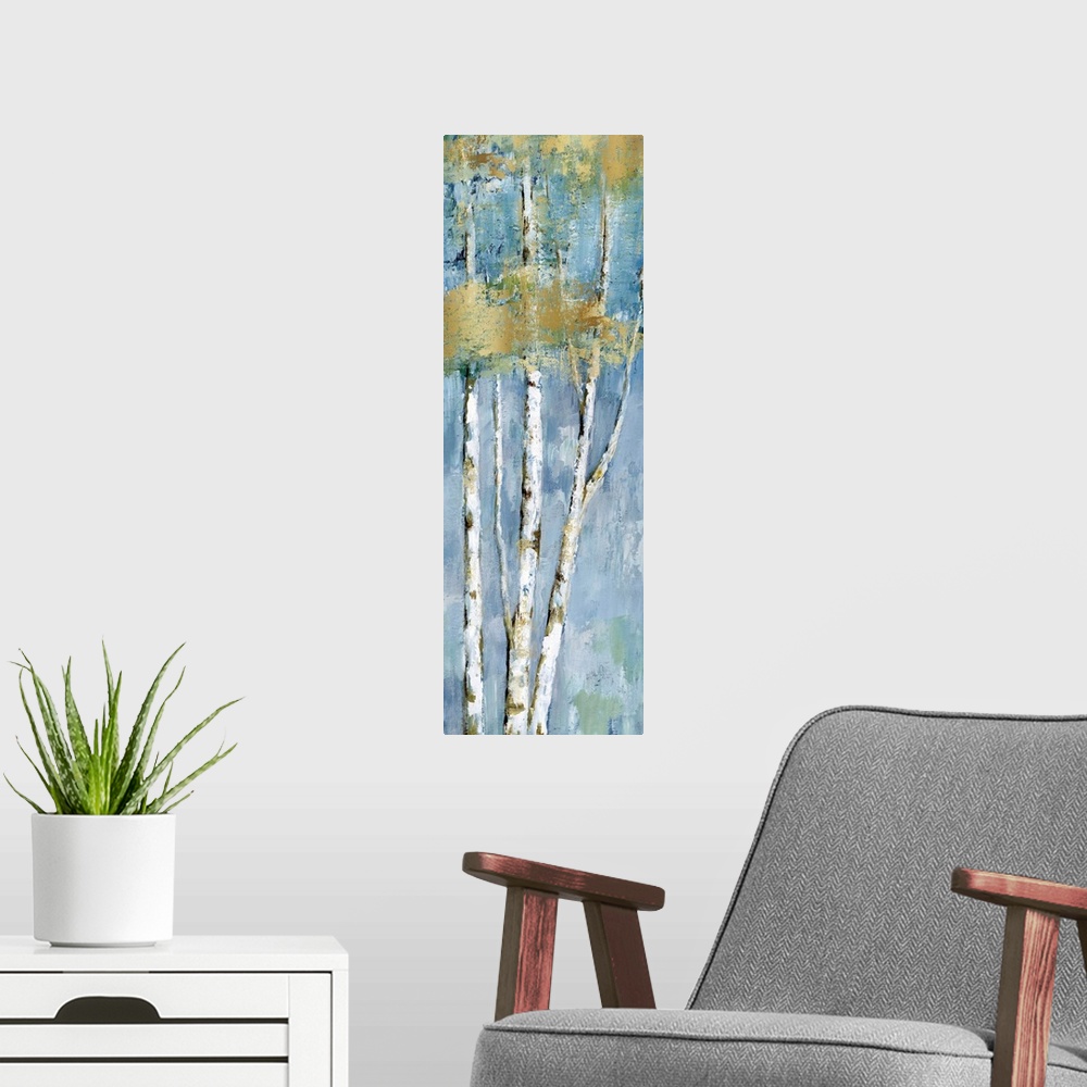 A modern room featuring Tall panel painting of birch treed with metallic gold leaves and markings on a blue and green bac...