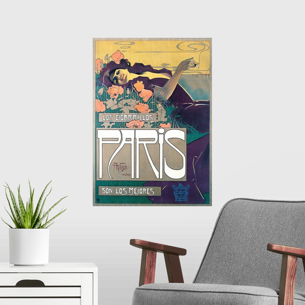 A modern room featuring Cigarrillos Paris son los Mejores (Paris cigarillos are the best!) poster by Aleardo Villa (Spani...