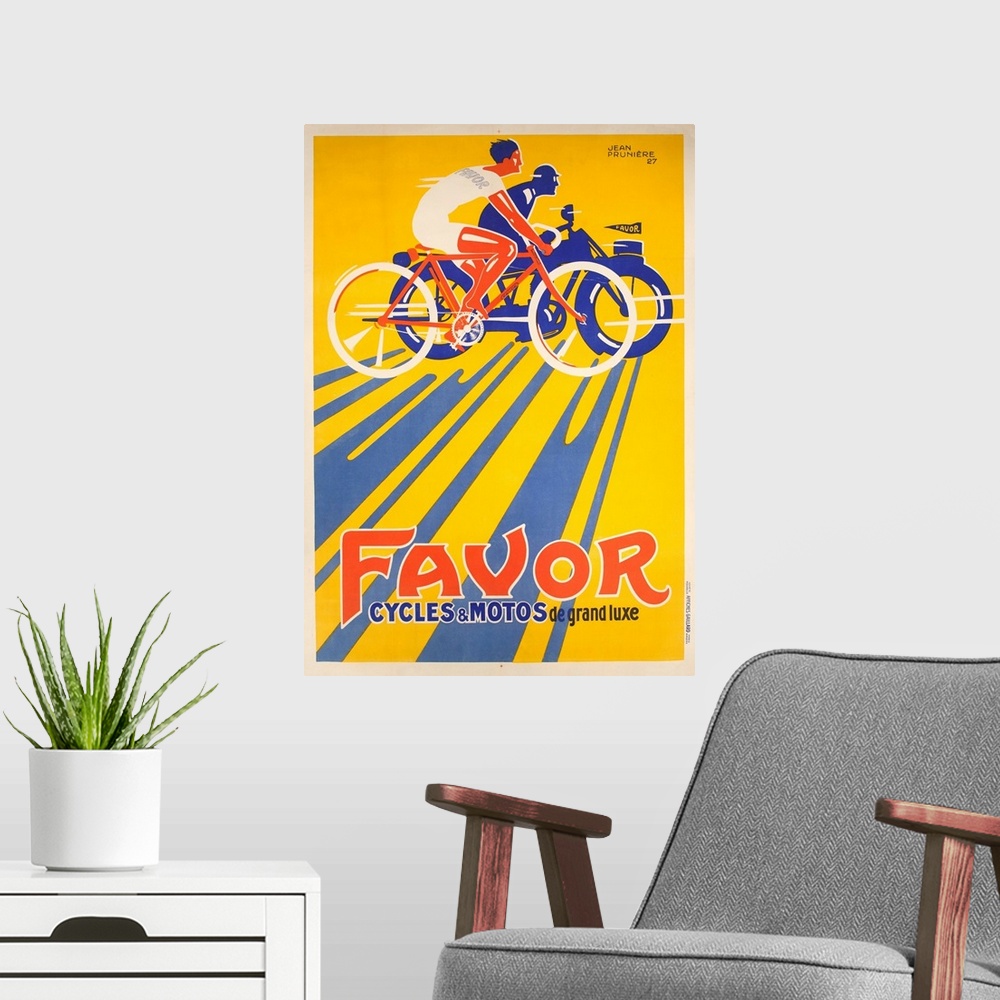 A modern room featuring 1927 Franch advertising poster illustrated by Jean Pruniere. Bicyclist and motorcycle rider ride ...