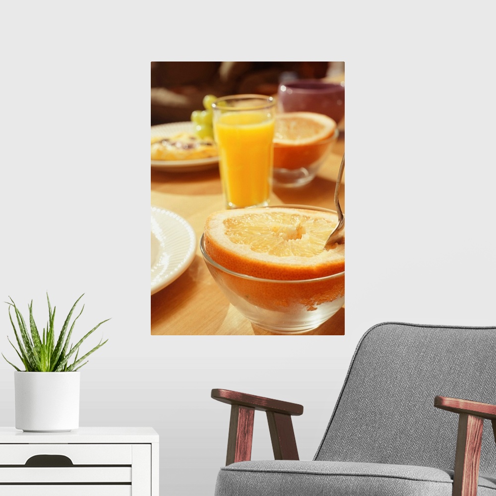 A modern room featuring Food and drink on breakfast table, elevated view, close-up