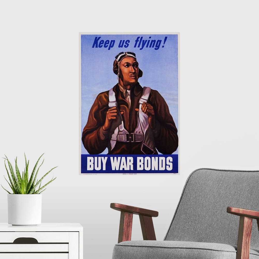 A modern room featuring Keep Us Flying, Buy War Bonds Tuskeegee Airmen Poster