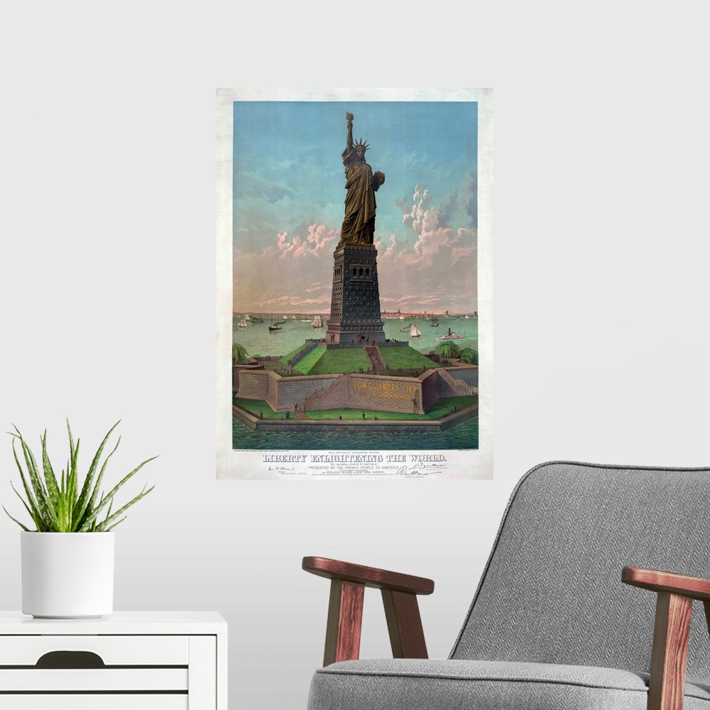 A modern room featuring Liberty Enlightening the World, chromolithograph by Buek