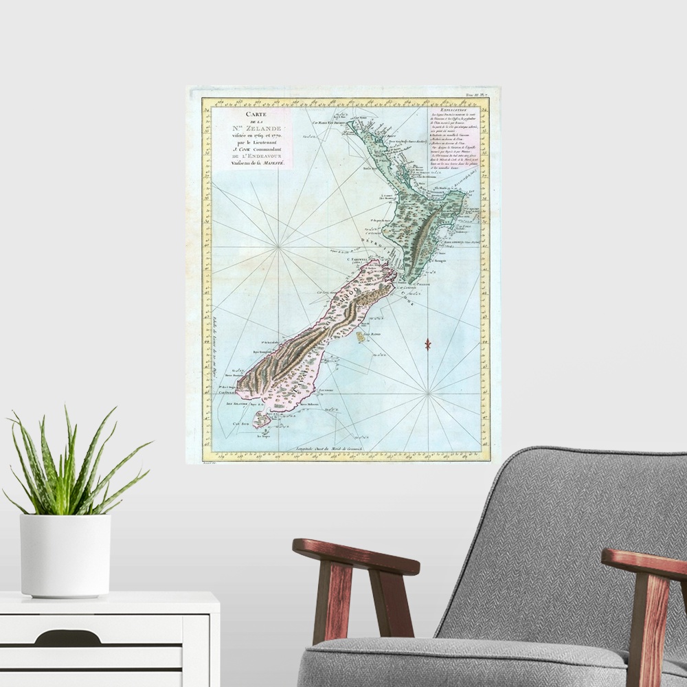 A modern room featuring French copy of Cook's first map of New Zealand, showing the route of the Endeavour around the isl...