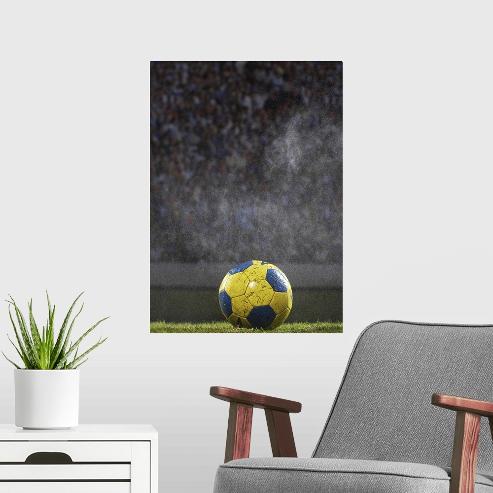 A modern room featuring A soccer ball that is covered with wet grass is photographed sitting on a field with the crowd ou...