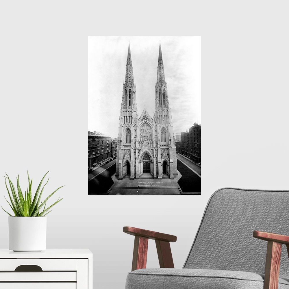 A modern room featuring St. Patrick's Cathedral, the largest Catholic cathedral in the United States, stands on Fifth Ave...