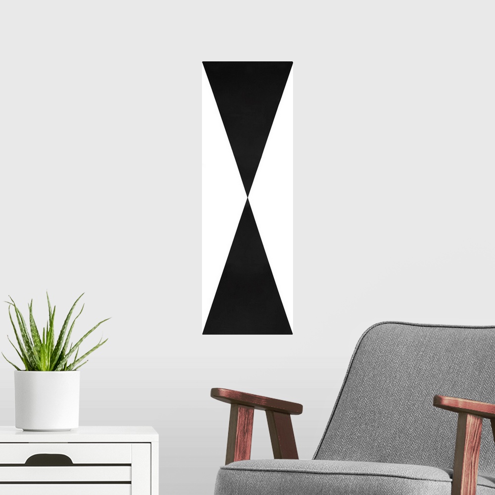 A modern room featuring Large abstract painting with crisp geometric shapes all meeting at one center point in black and ...