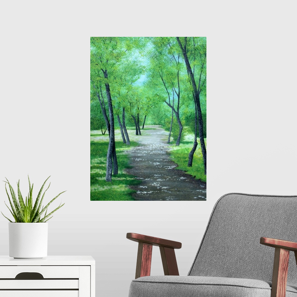 A modern room featuring Landscape painting of a path leading through a park filled with lush green trees in Asheville, NC.