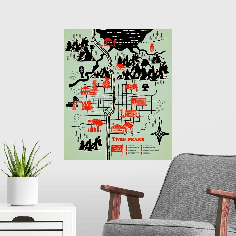 A modern room featuring Illustrated map of fictional location Twin Peaks.