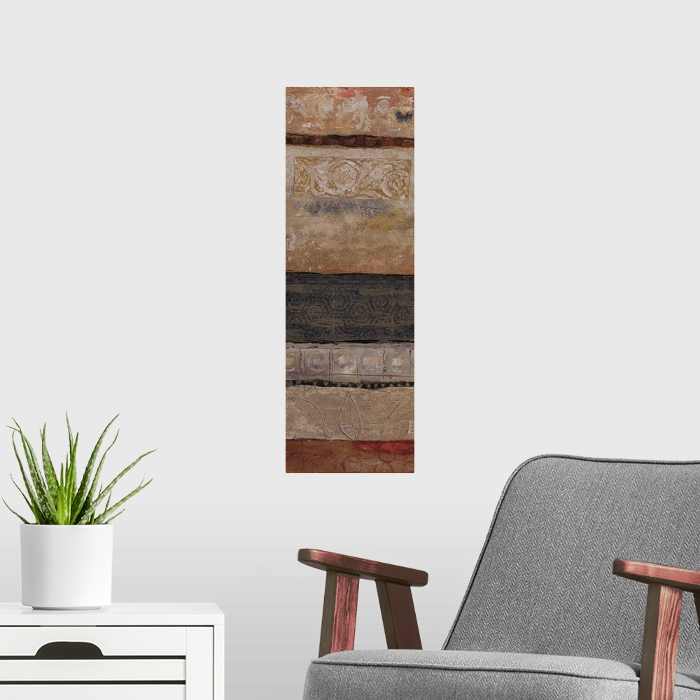 A modern room featuring Contemporary artwork of a vertical abstract with layers of color.