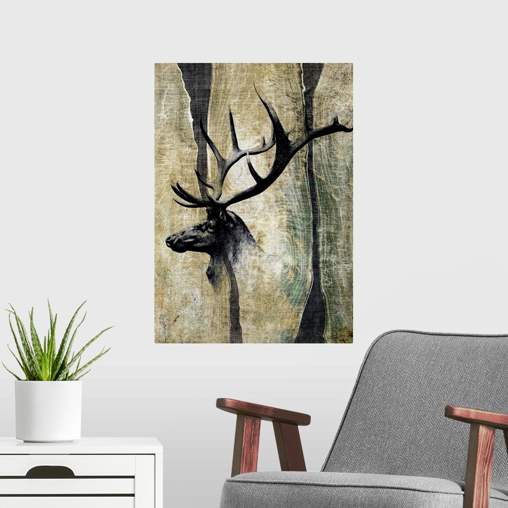 A modern room featuring Antler display on a live-edge cabin wall.