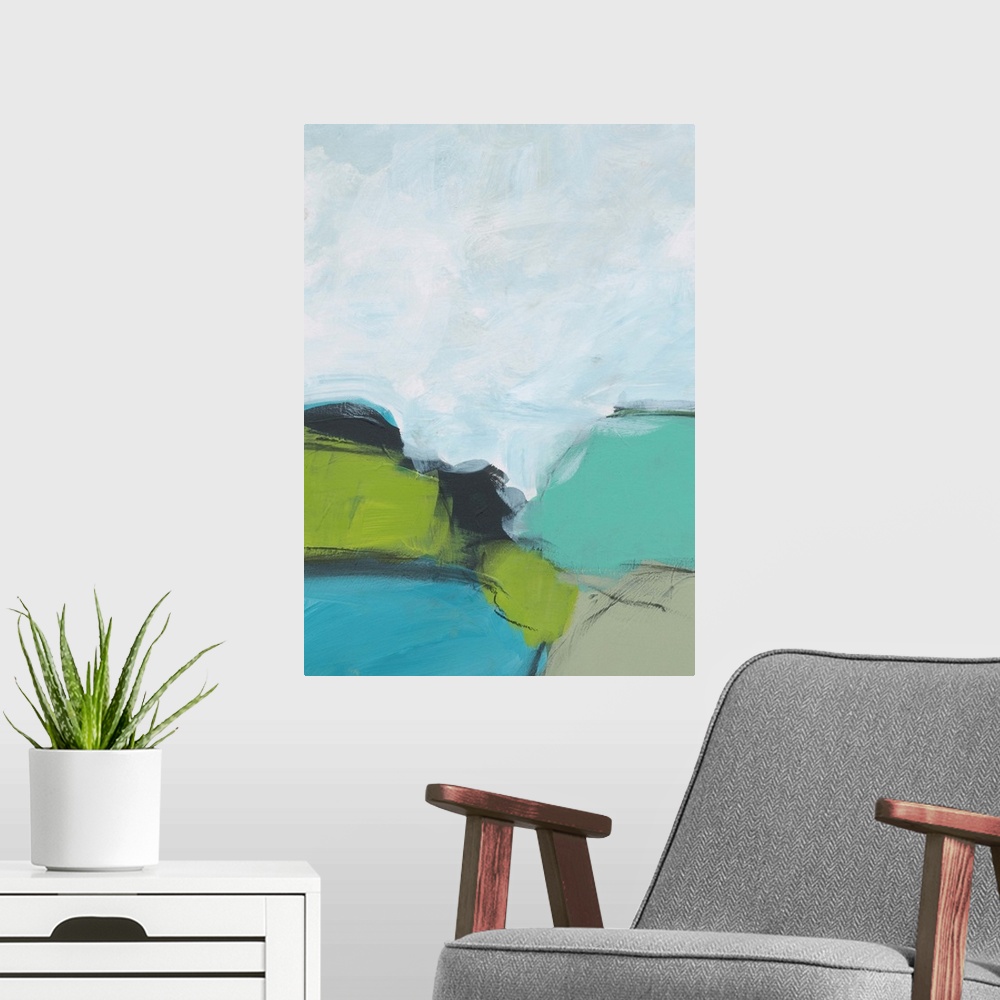 A modern room featuring Abstract landscape painting in cool shades of blue, green, and grey.