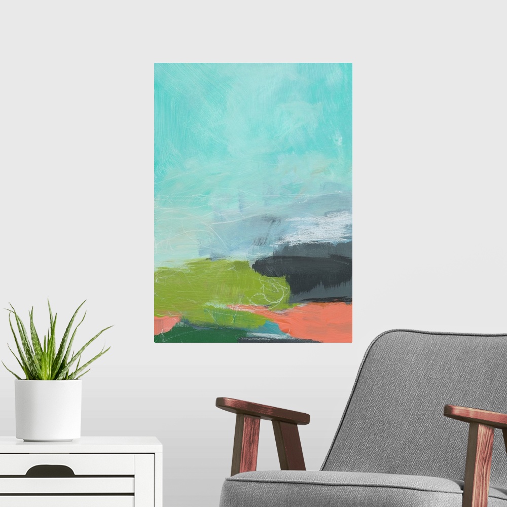 A modern room featuring Abstract landscape painting in cool shades of blue, green, and orange.