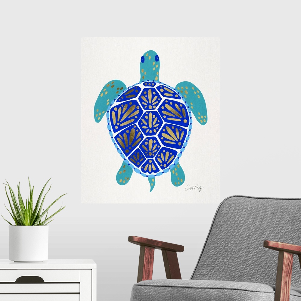 A modern room featuring Gold Blue Sea Turtle