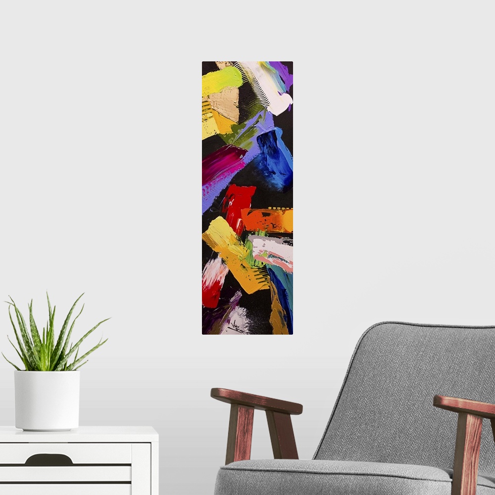 A modern room featuring A contemporary abstract painting using wide strokes of vibrant colors in different directions aga...