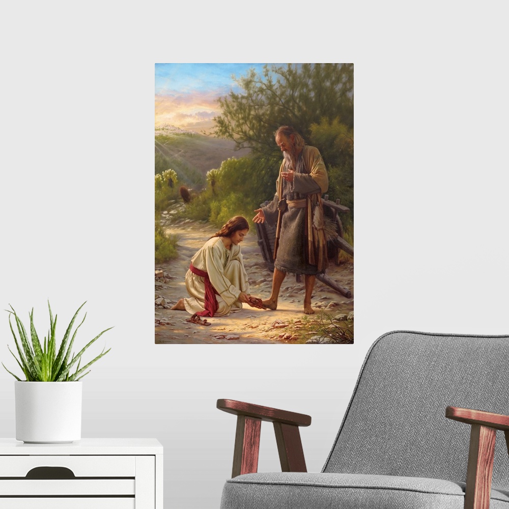 A modern room featuring Religious art of Jesus helping  a man put on his shoes with a sunset in the background.