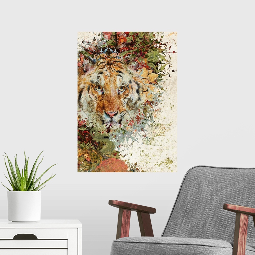 A modern room featuring Tiger with ornate and abstract background