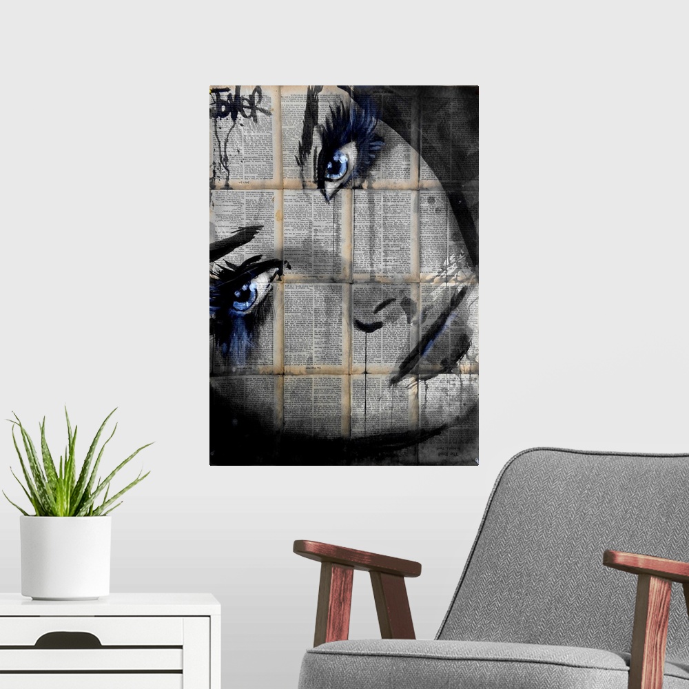 A modern room featuring Contemporary urban artwork of a close-up of a woman's face with deep blue eyes against a backgrou...