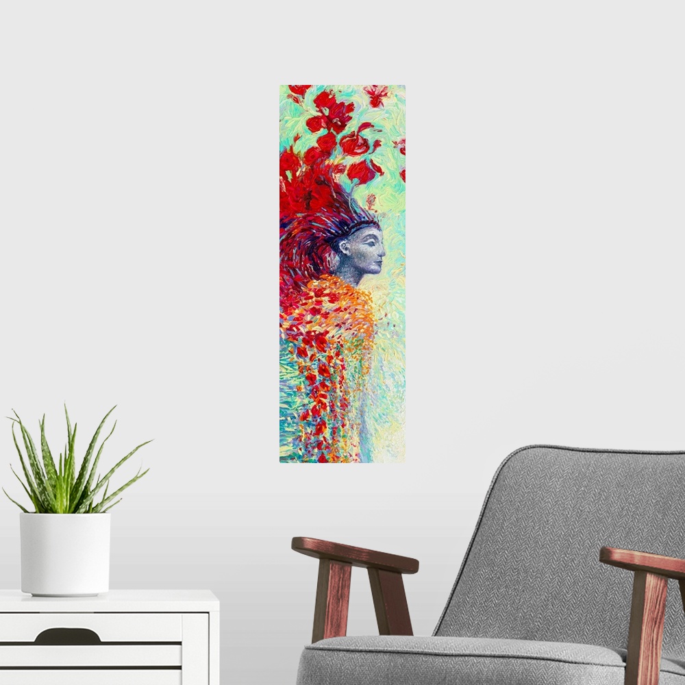 A modern room featuring Brightly colored contemporary artwork of a statue with red flowers and feathers.