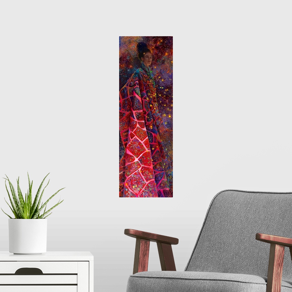 A modern room featuring Brightly colored contemporary artwork of a lady shaman in pink.