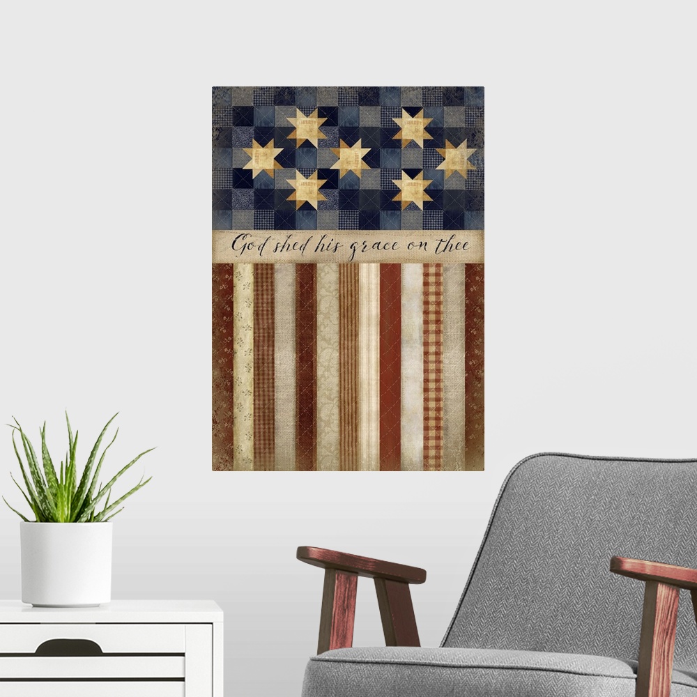 A modern room featuring American flag painting made to resemble a traditional quilt.