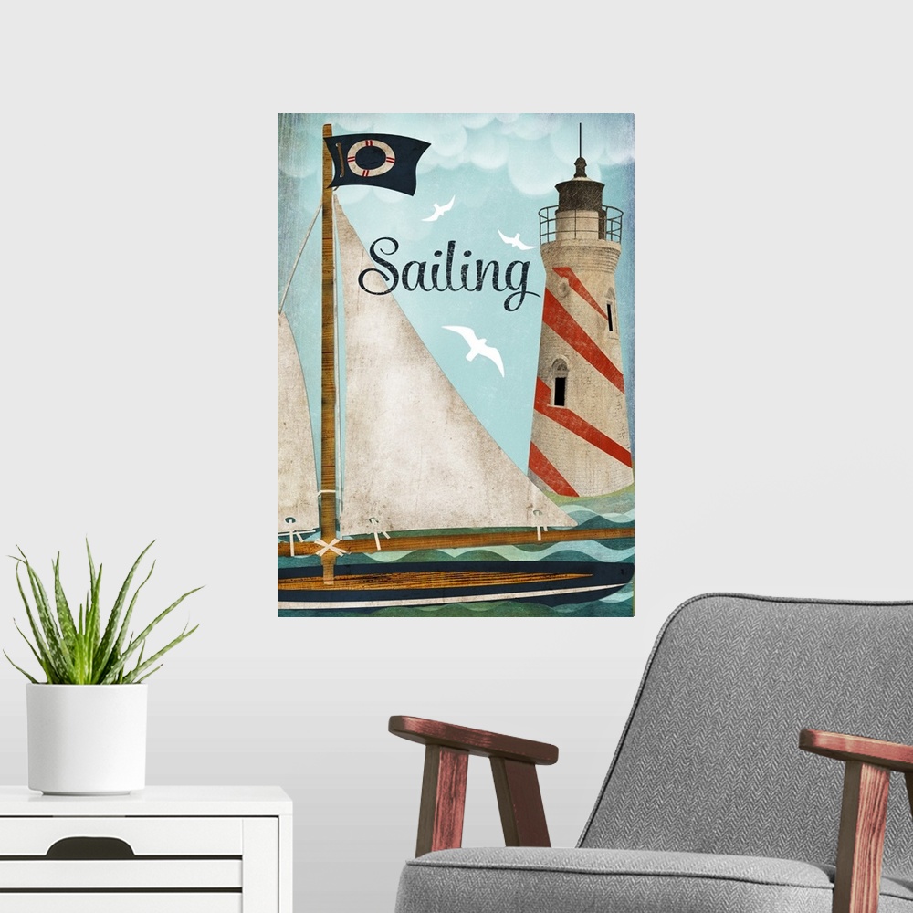 A modern room featuring Illustration of a sailboat on the water near a striped lighthouse.