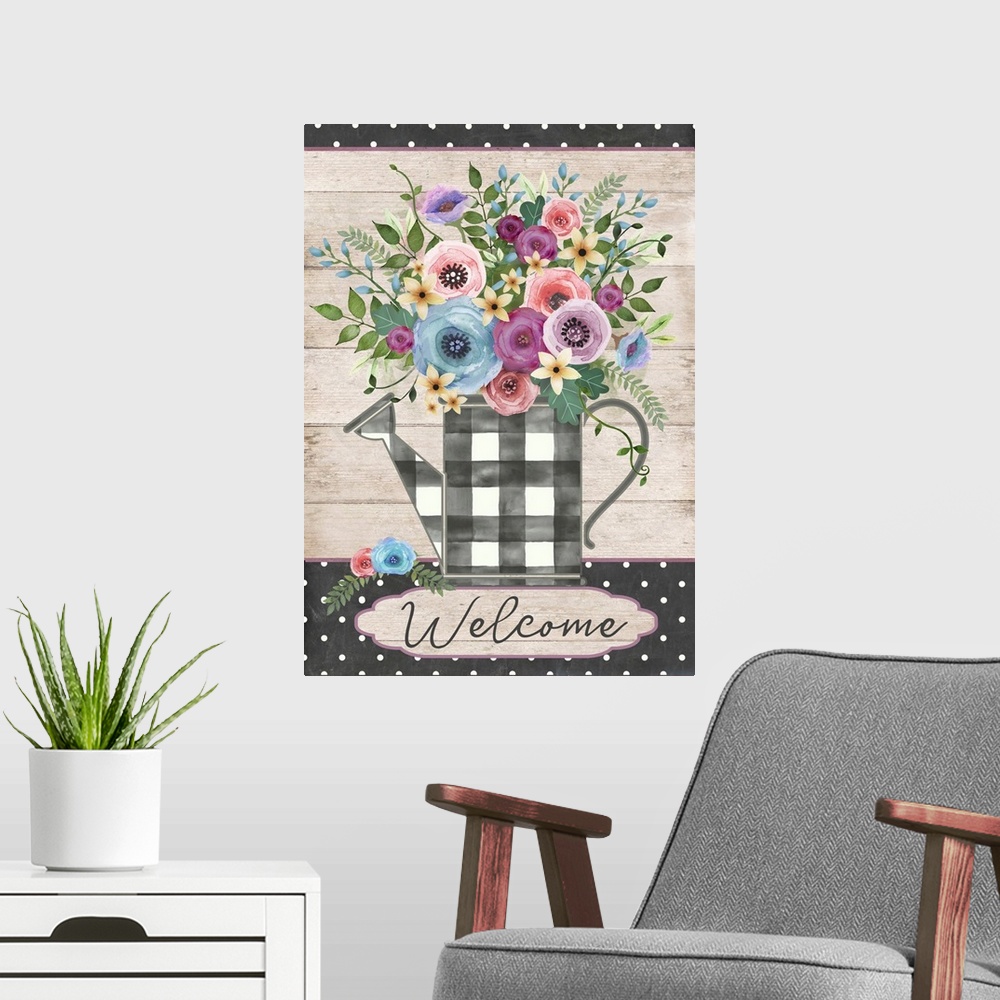 A modern room featuring Plaid Watering Can With Flowers