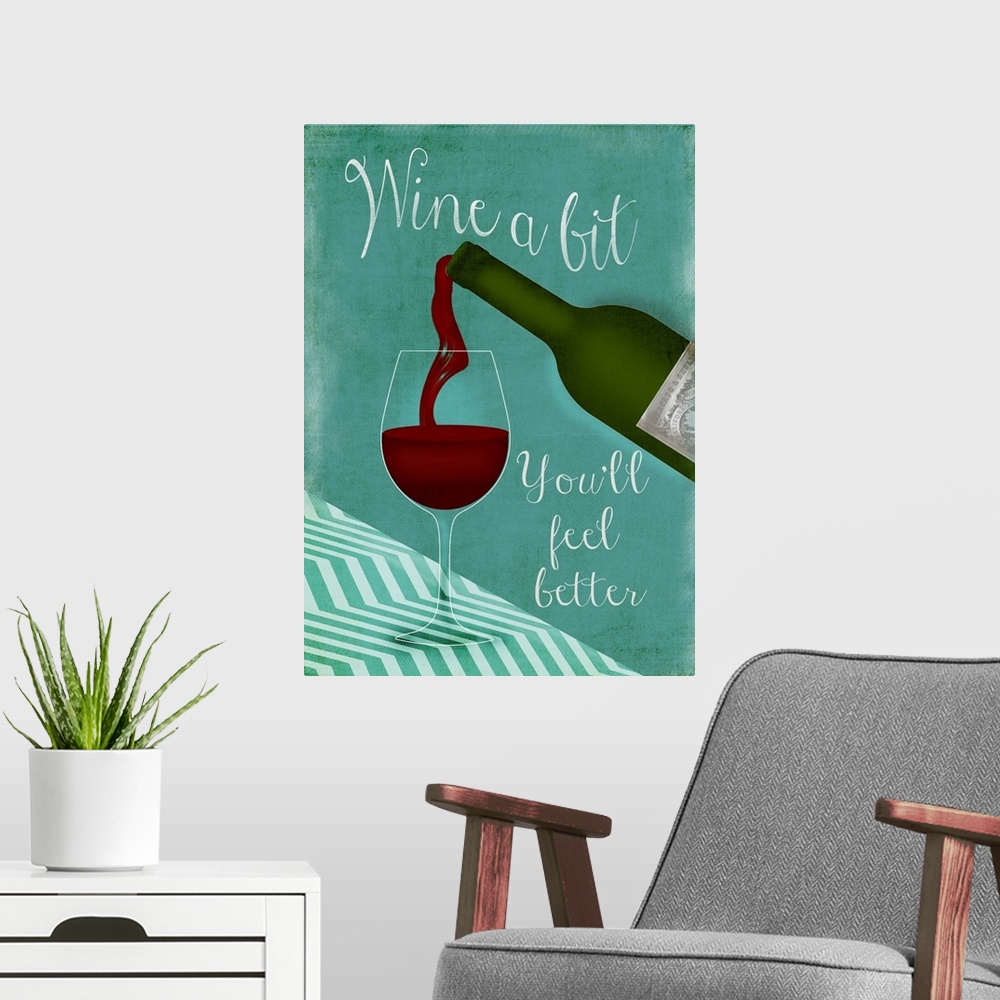 A modern room featuring Kitchen decor of a bottle of wine pouring a glass with humorous text.