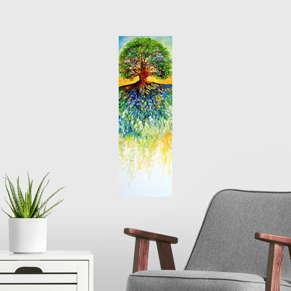 A modern room featuring Painting depicting the strong and bold stance of an old oak tree on a panel background.