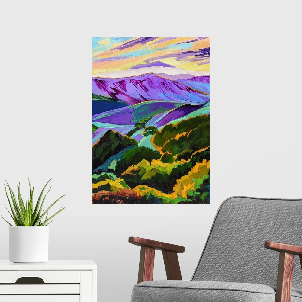 A modern room featuring Purple and green mountains with valleys and forests.