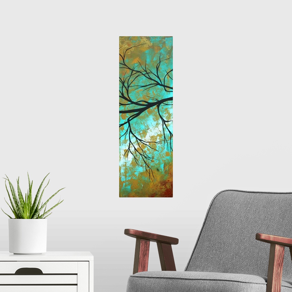 A modern room featuring Vertical panoramic painting of silhouetted tree branches with abstract background.