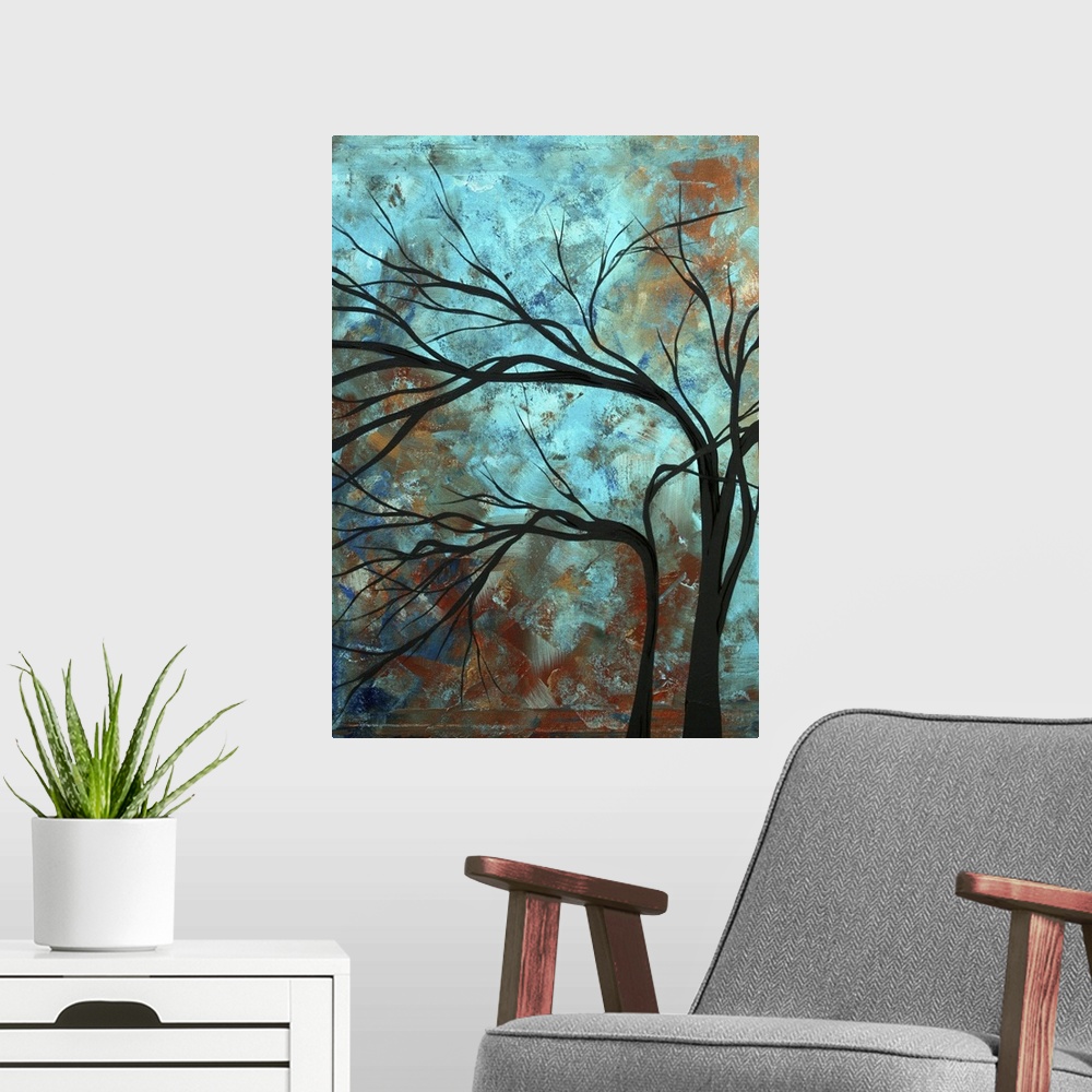 A modern room featuring A vertical painting of a textured painted background with a silhouette of a leafless tree layered...