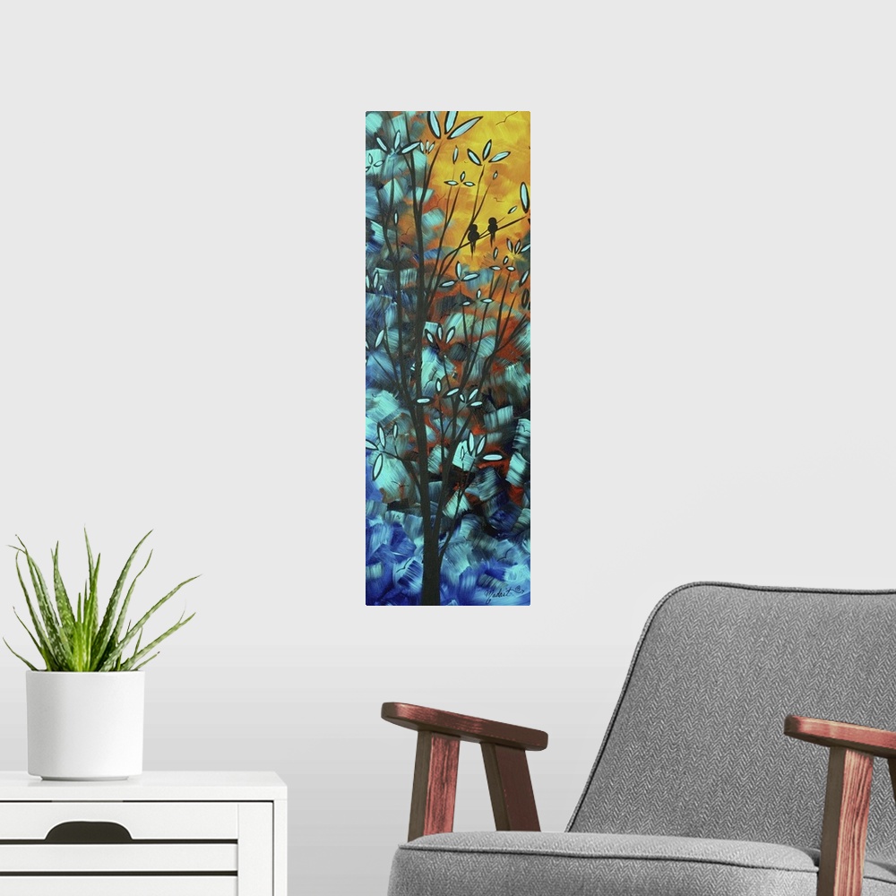 A modern room featuring Vertical and narrow canvas painting of two birds sitting on a tree branch at sunset.