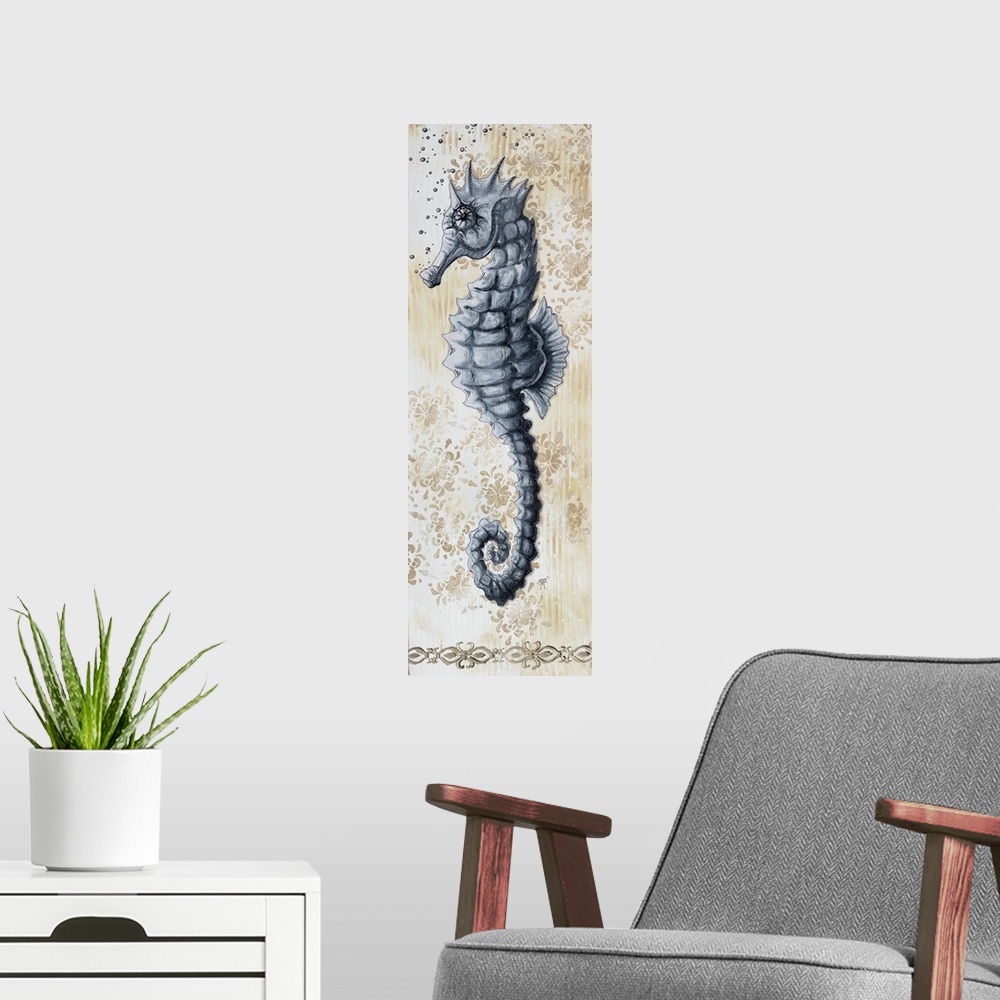 A modern room featuring Vertical painting of a seahorse on a floral background.