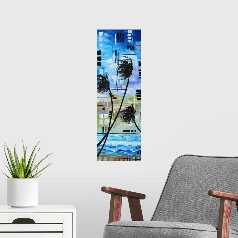 A modern room featuring An original, tropical, contemporary abstract landscape painting. Beautiful, vibrant rich colors o...