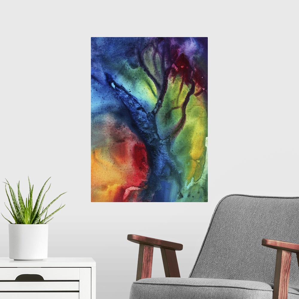 A modern room featuring Abstract artwork that has fluid colors of reds, yellows, magenta, violet and blue accented with b...