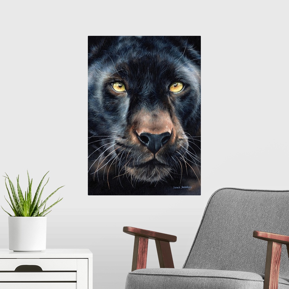 A modern room featuring Oil painting on canvas of a Black panther.