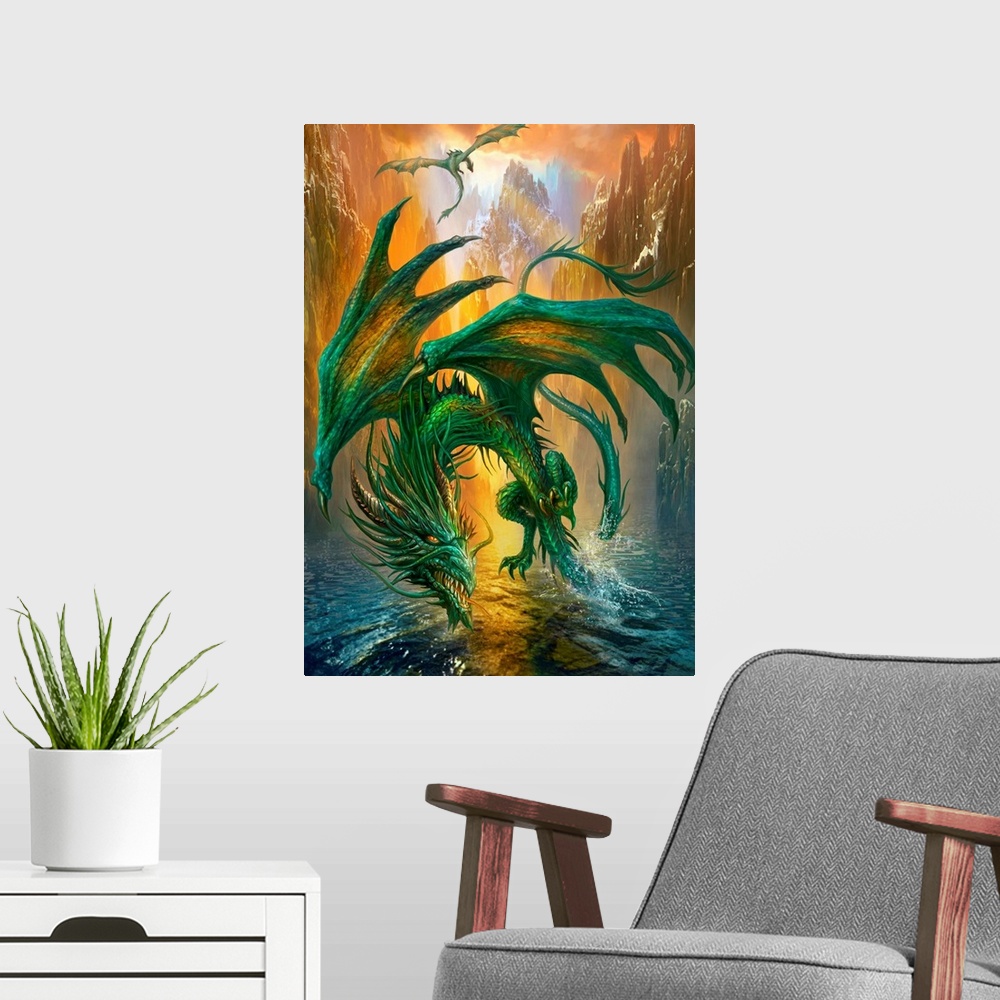 A modern room featuring Fantasy painting of a dragon flying low to the water in a canyon with another dragon in the dista...