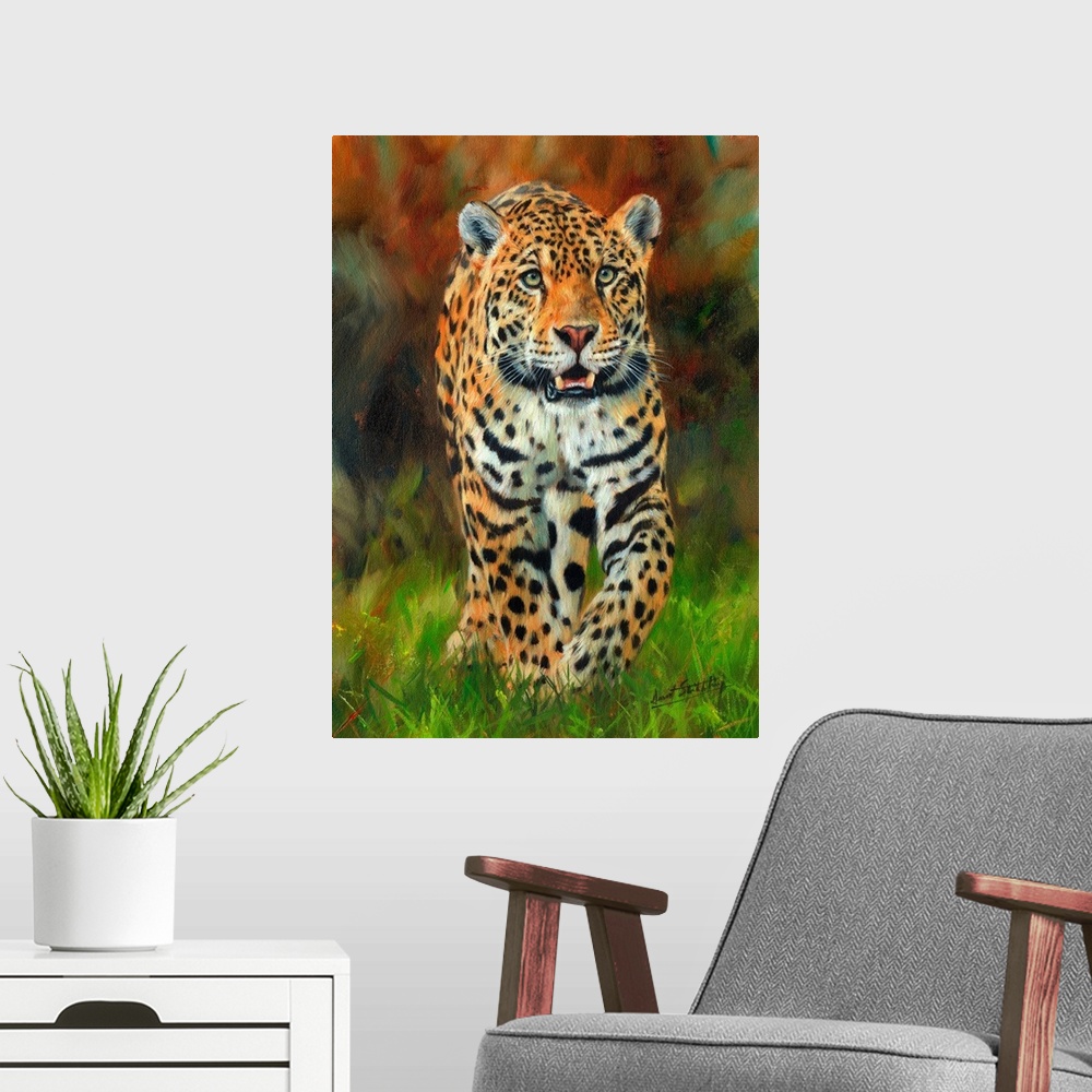 A modern room featuring Contemporary painting of a jaguar walking across lush green grass.