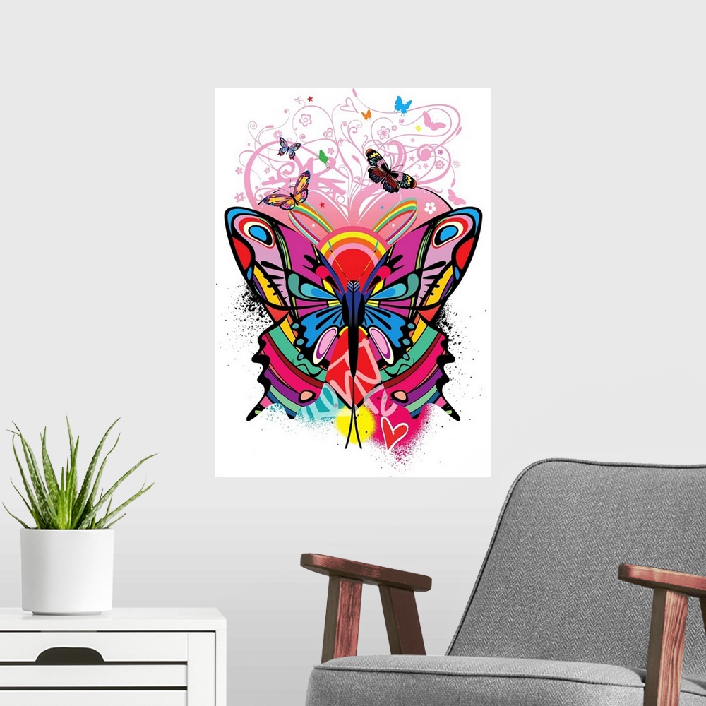 A modern room featuring abstract, bright, butterfly
