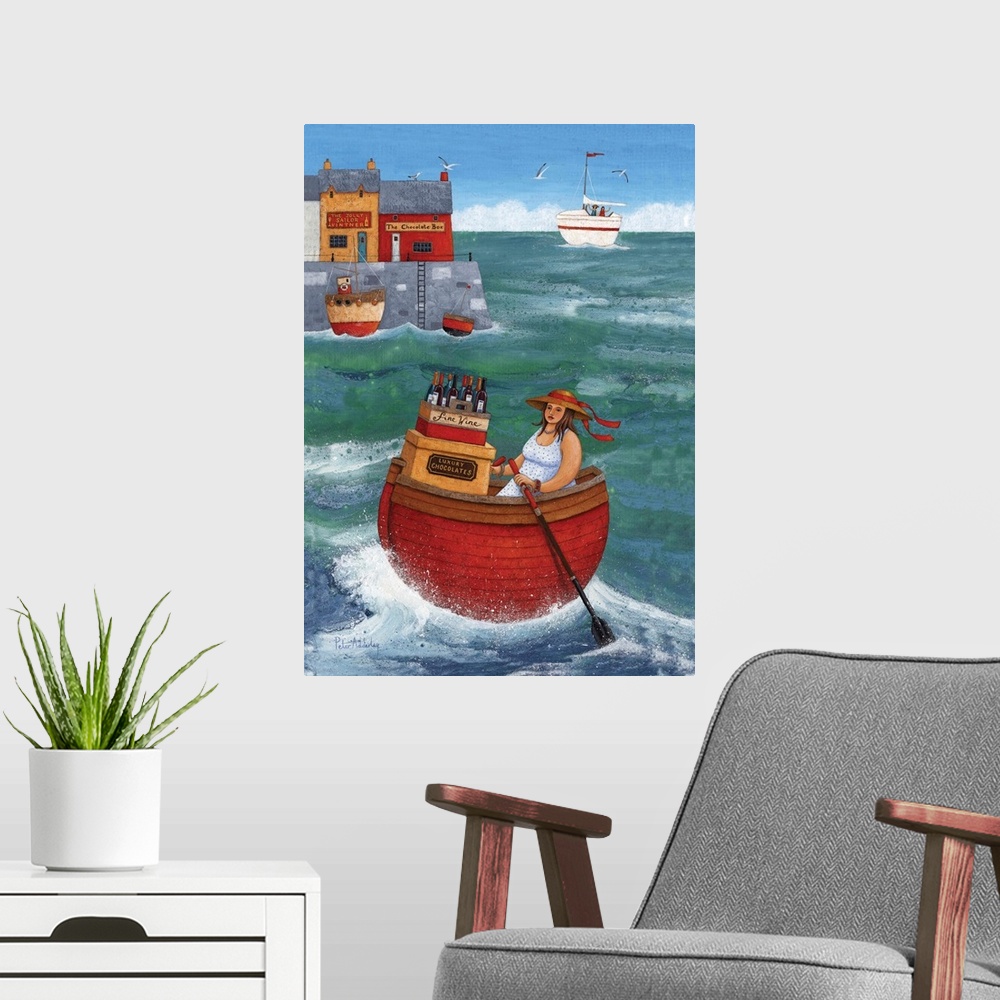 A modern room featuring Contemporary nautical artwork of a woman wearing a hat rowing a red boat in the ocean carrying wine.