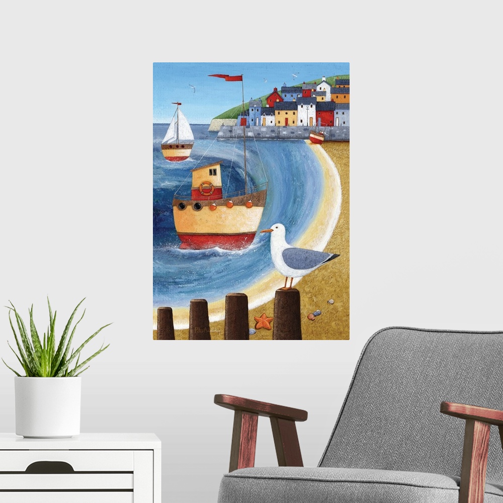 A modern room featuring Nautical themed painting of a harbor town with boats off shore.