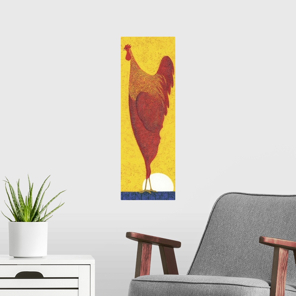 A modern room featuring Contemporary painting of a tall red chicken standing on a blue surface against a bright yellow sk...