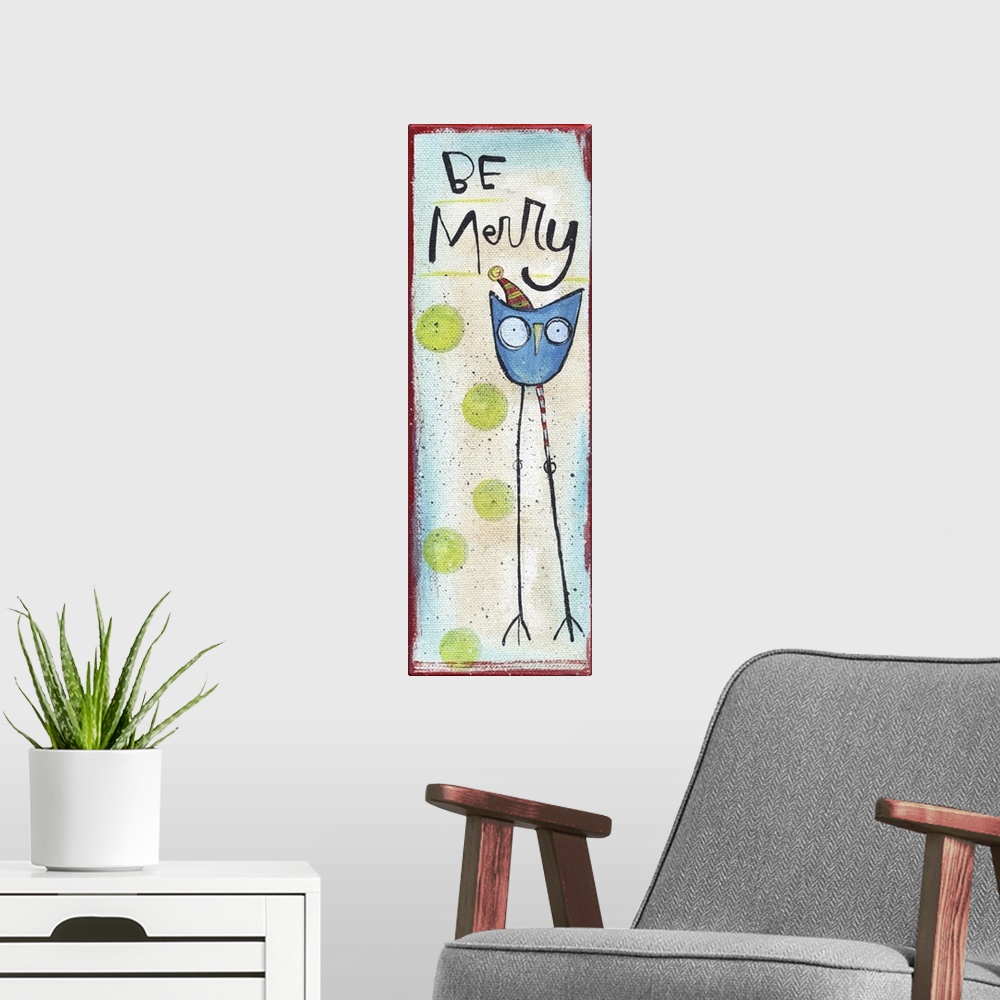 A modern room featuring Cute illustration of an owl with long legs wearing a festive hat.