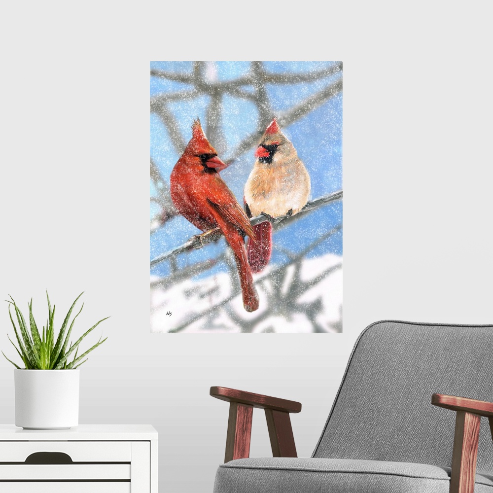 A modern room featuring Illustration of a cardinal couple sitting on a branch in the winter.