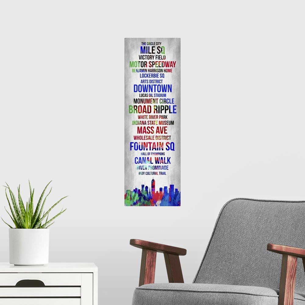 A modern room featuring Contemporary watercolor bus roll art incorporating the Indianapolis city skyline.